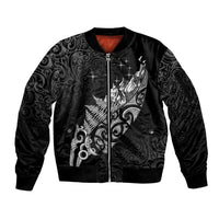 Maori Matariki Sleeve Zip Bomber Jacket Landscape Styled Fern - Monochrome LT7 Unisex Black - Polynesian Pride