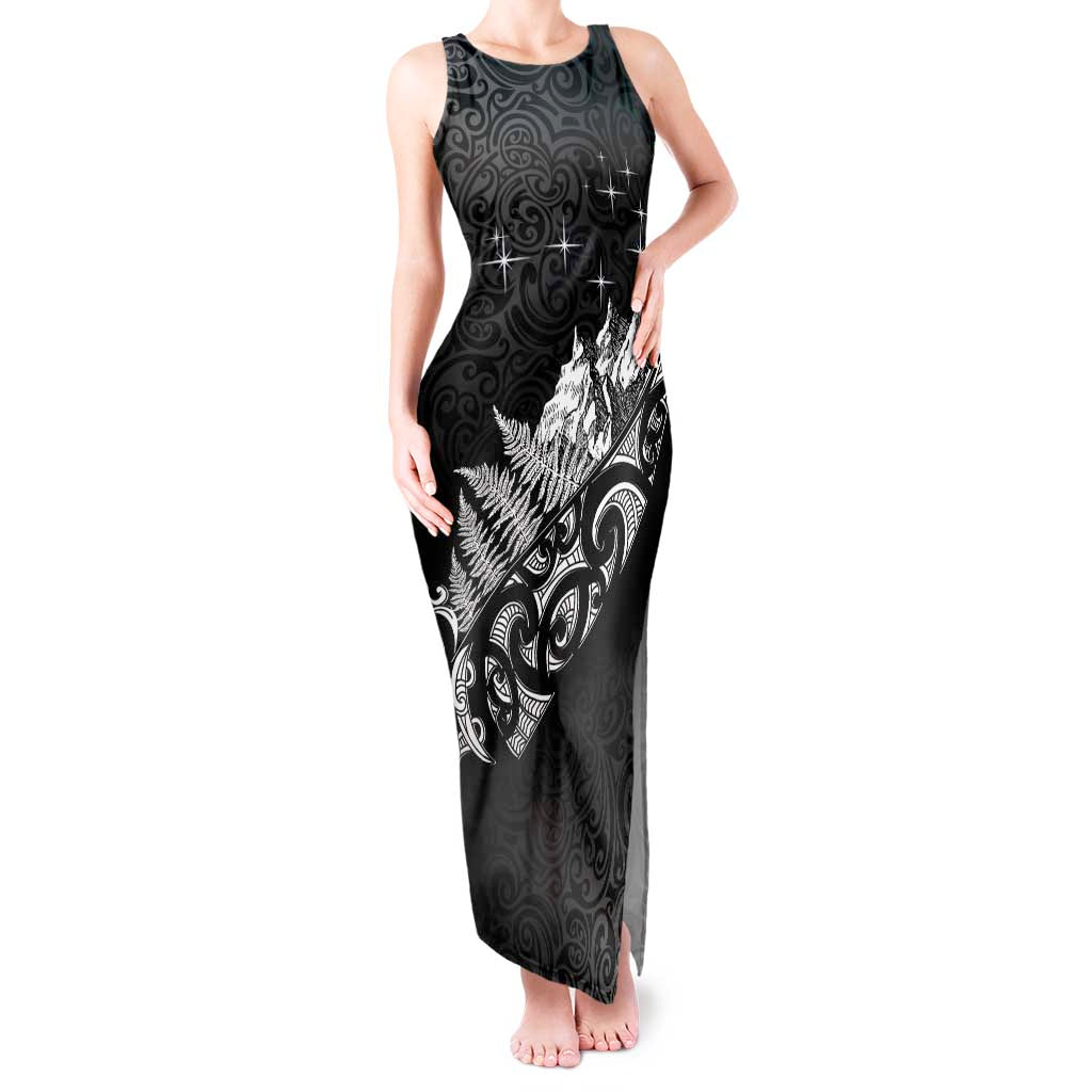 Maori Matariki Tank Maxi Dress Landscape Styled Fern - Monochrome LT7 Women Black - Polynesian Pride
