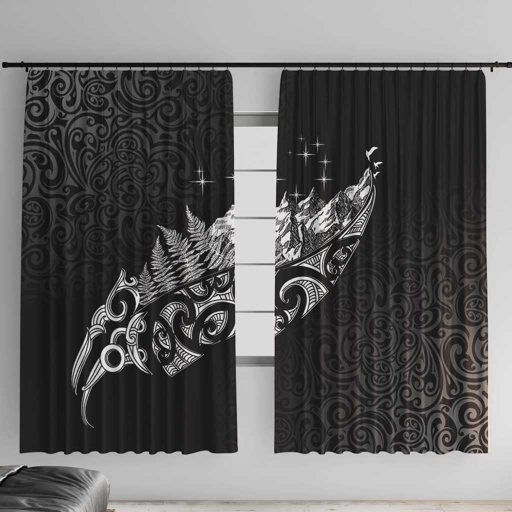 Maori Matariki Window Curtain Landscape Styled Fern - Monochrome LT7 With Hooks Black - Polynesian Pride