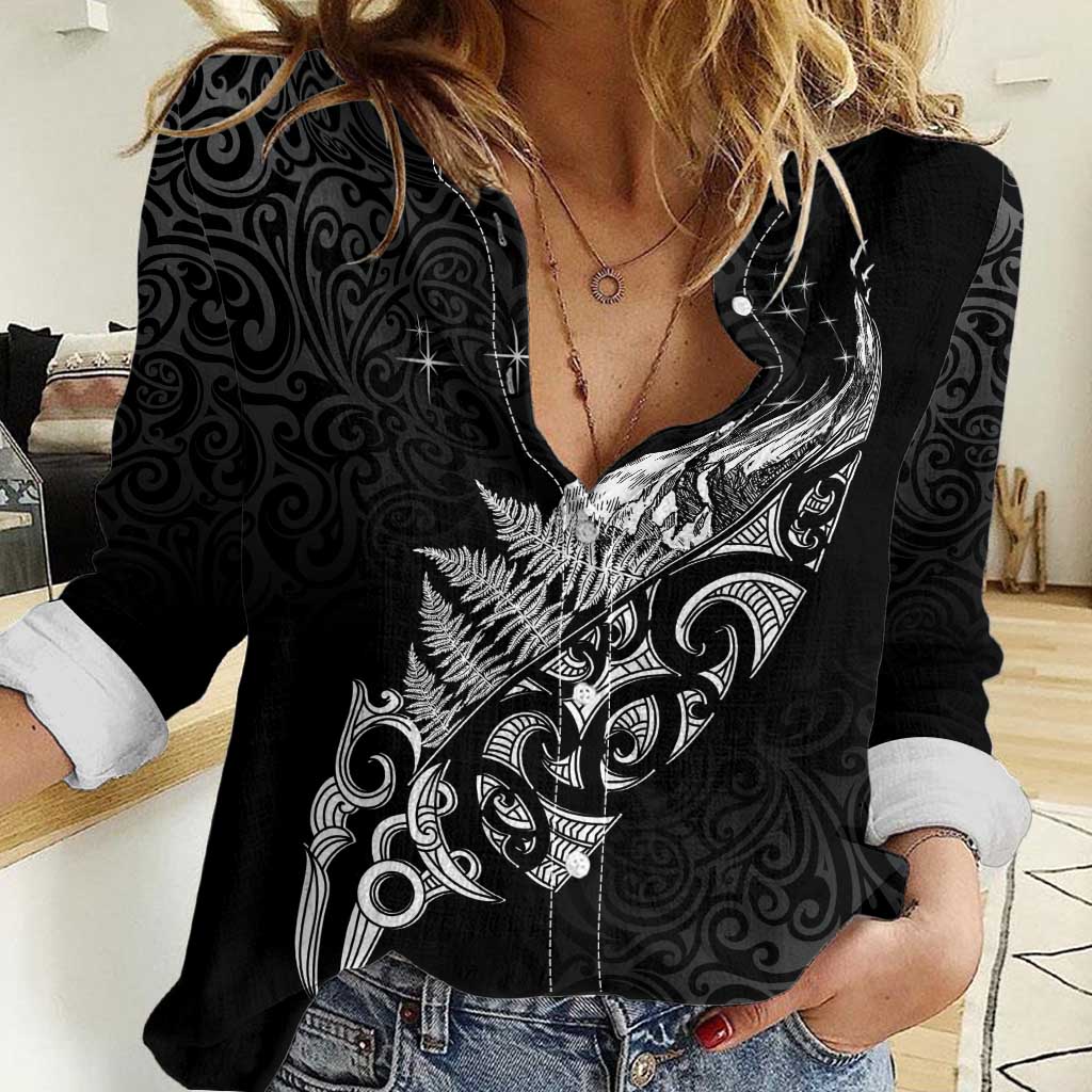 Maori Matariki Women Casual Shirt Landscape Styled Fern - Monochrome LT7 Female Black - Polynesian Pride