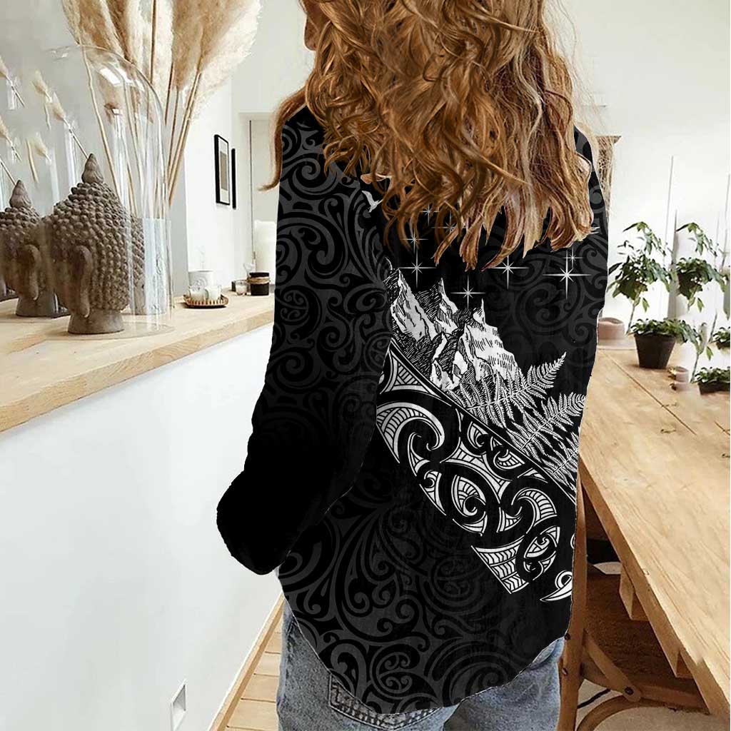 Maori Matariki Women Casual Shirt Landscape Styled Fern - Monochrome LT7 - Polynesian Pride