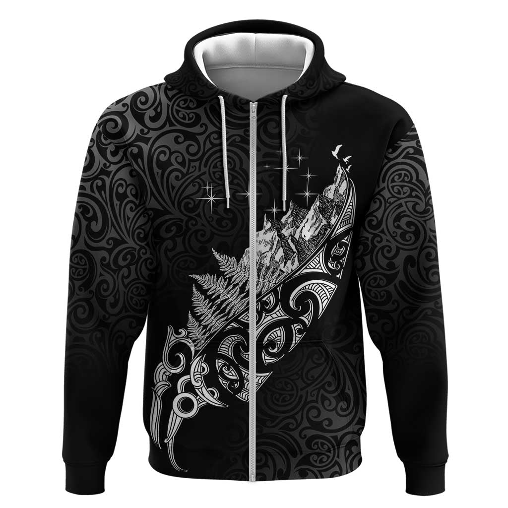 Maori Matariki Zip Hoodie Landscape Styled Fern - Monochrome LT7 Zip Hoodie Black - Polynesian Pride