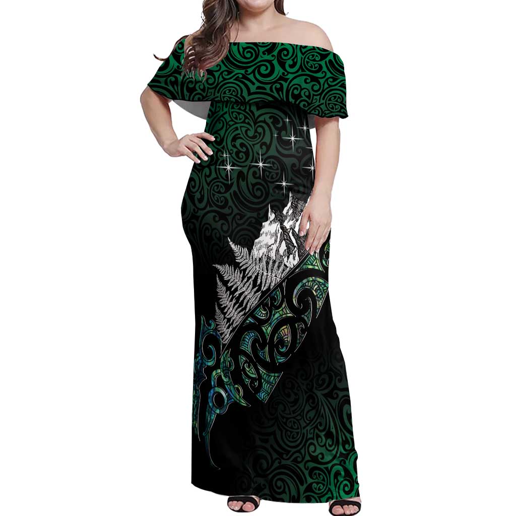 Maori Matariki Off Shoulder Maxi Dress Landscape Styled Fern - Paua Shell