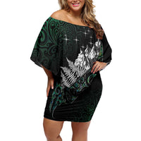 Maori Matariki Off Shoulder Short Dress Landscape Styled Fern - Paua Shell LT7 Women Green - Polynesian Pride