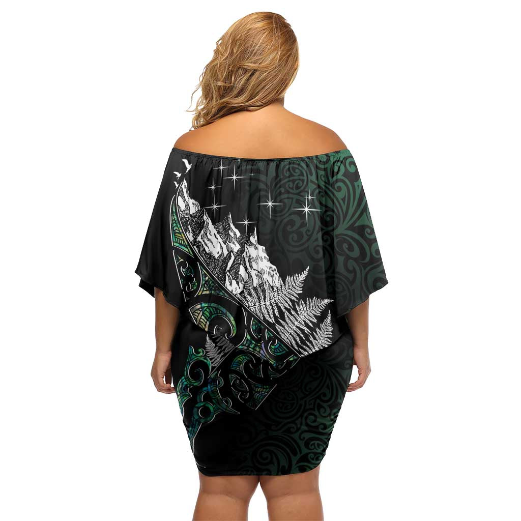 Maori Matariki Off Shoulder Short Dress Landscape Styled Fern - Paua Shell LT7 - Polynesian Pride