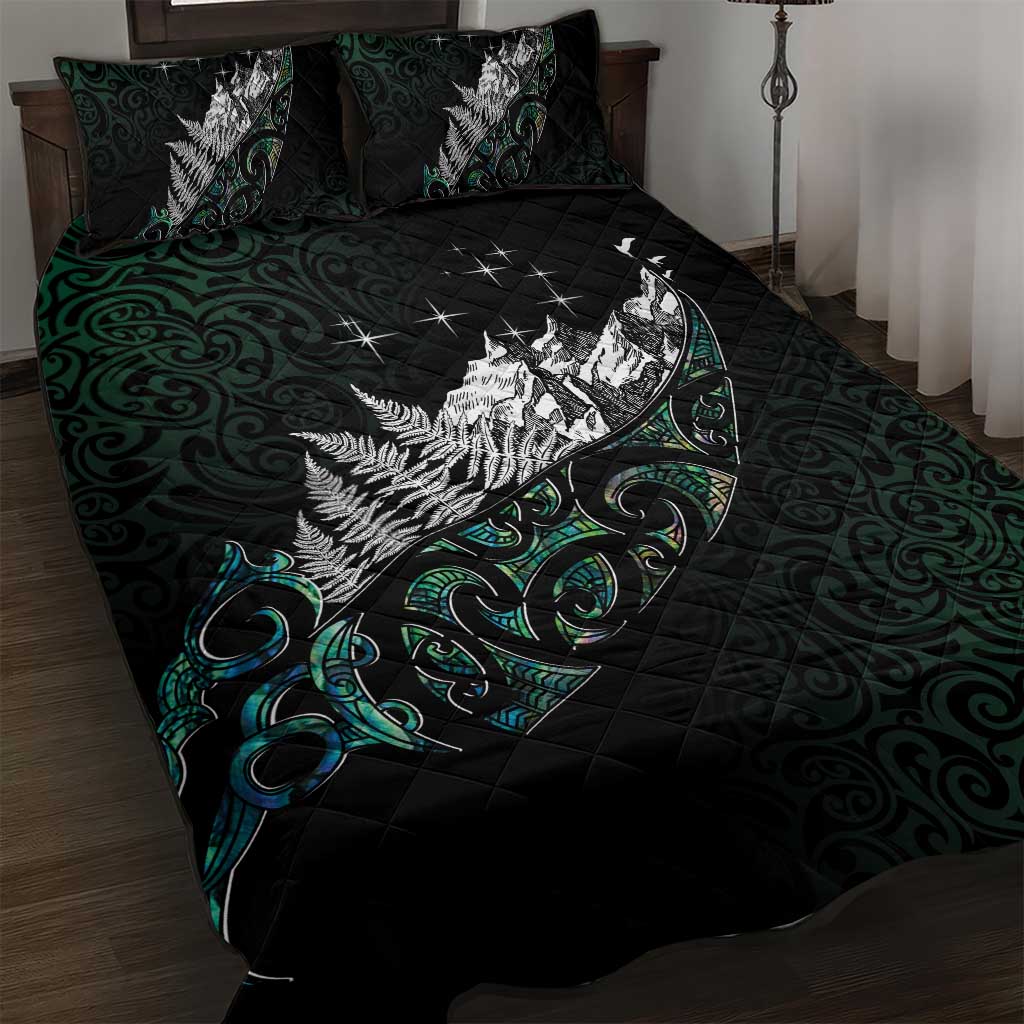 Maori Matariki Quilt Bed Set Landscape Styled Fern - Paua Shell LT7 Green - Polynesian Pride