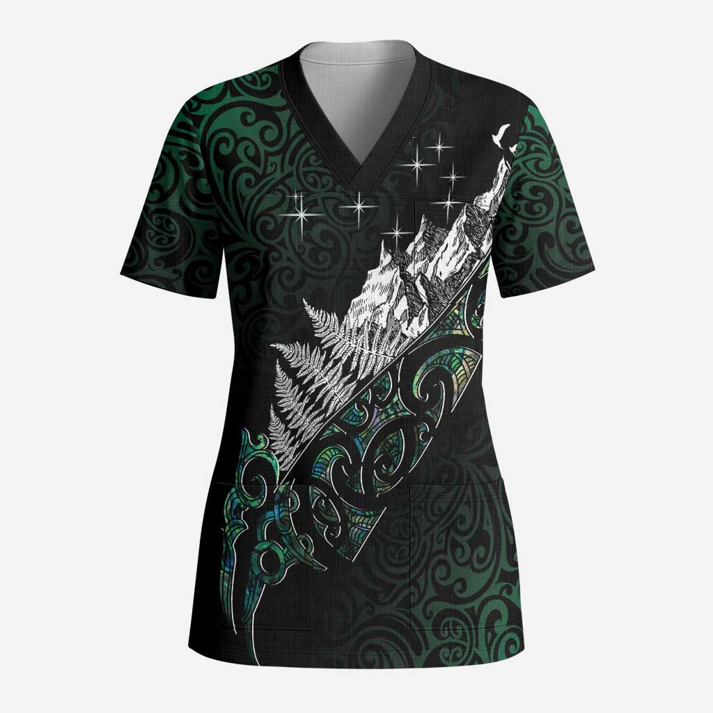 Maori Matariki Scrub Top Landscape Styled Fern - Paua Shell LT7 Adult Green - Polynesian Pride