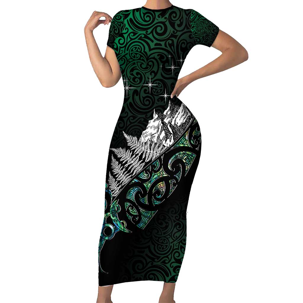 Maori Matariki Short Sleeve Bodycon Dress Landscape Styled Fern - Paua Shell