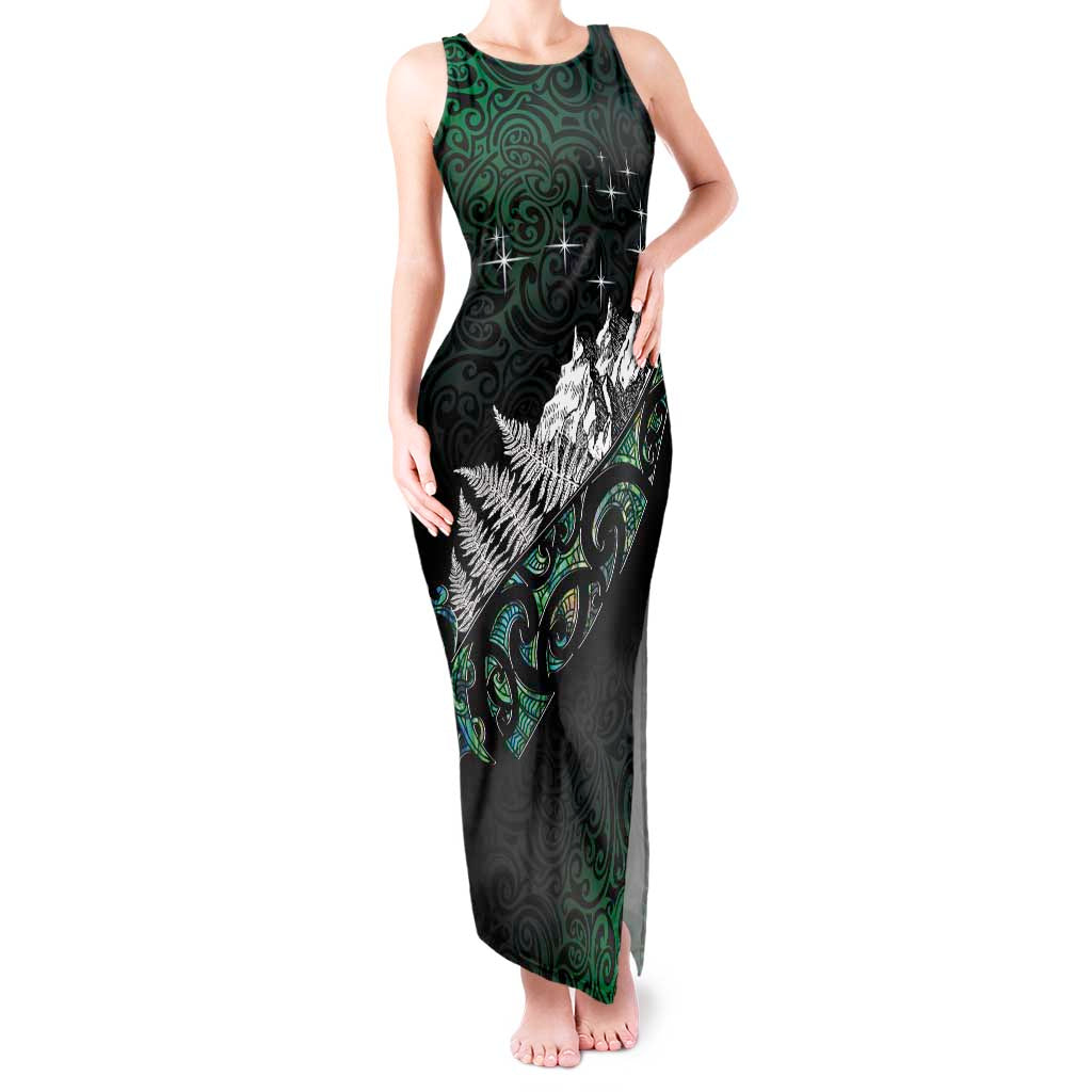 Maori Matariki Tank Maxi Dress Landscape Styled Fern - Paua Shell