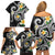 Kanaka Maoli Hawaii Plumeria Family Matching Off Shoulder Short Dress and Hawaiian Shirt Dancing Tentacles Black Style