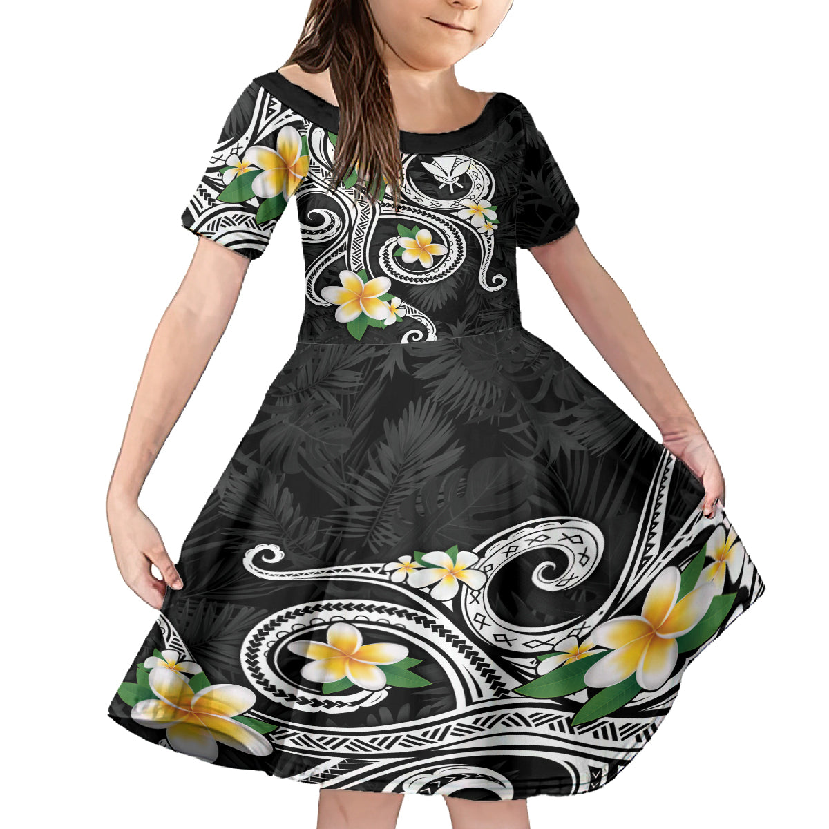 Kanaka Maoli Hawaii Plumeria Kid Short Sleeve Dress Dancing Tentacles Black Style LT7 KID Black - Polynesian Pride