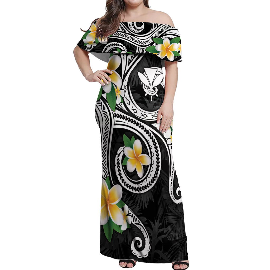 Kanaka Maoli Hawaii Plumeria Off Shoulder Maxi Dress Dancing Tentacles Black Style LT7 Women Black - Polynesian Pride