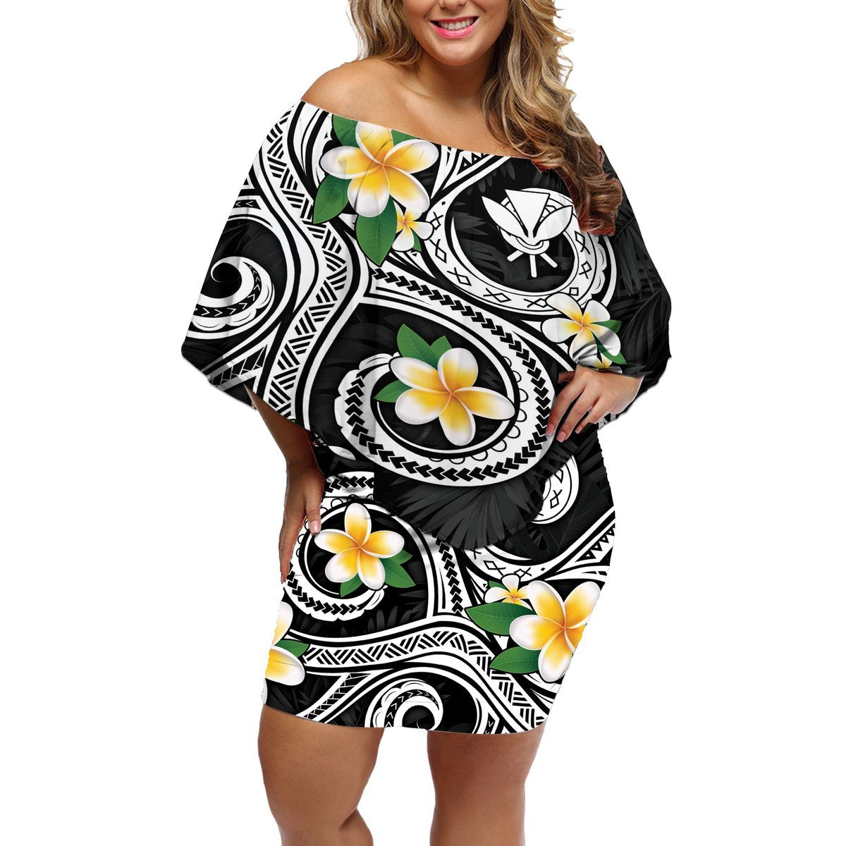 Kanaka Maoli Hawaii Plumeria Off Shoulder Short Dress Dancing Tentacles Black Style LT7 Women Black - Polynesian Pride
