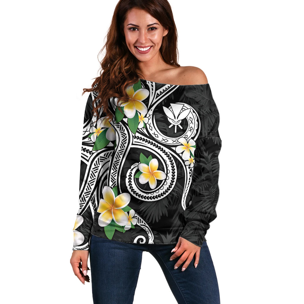Kanaka Maoli Hawaii Plumeria Off Shoulder Sweater Dancing Tentacles Black Style LT7 Women Black - Polynesian Pride