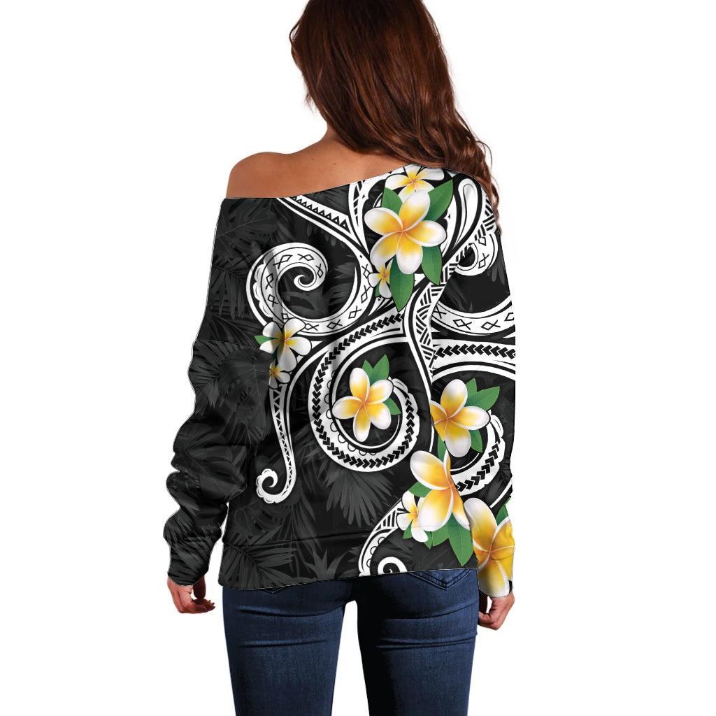 Kanaka Maoli Hawaii Plumeria Off Shoulder Sweater Dancing Tentacles Black Style LT7 - Polynesian Pride