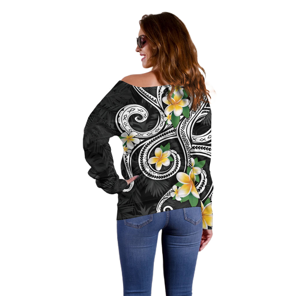 Kanaka Maoli Hawaii Plumeria Off Shoulder Sweater Dancing Tentacles Black Style LT7 - Polynesian Pride