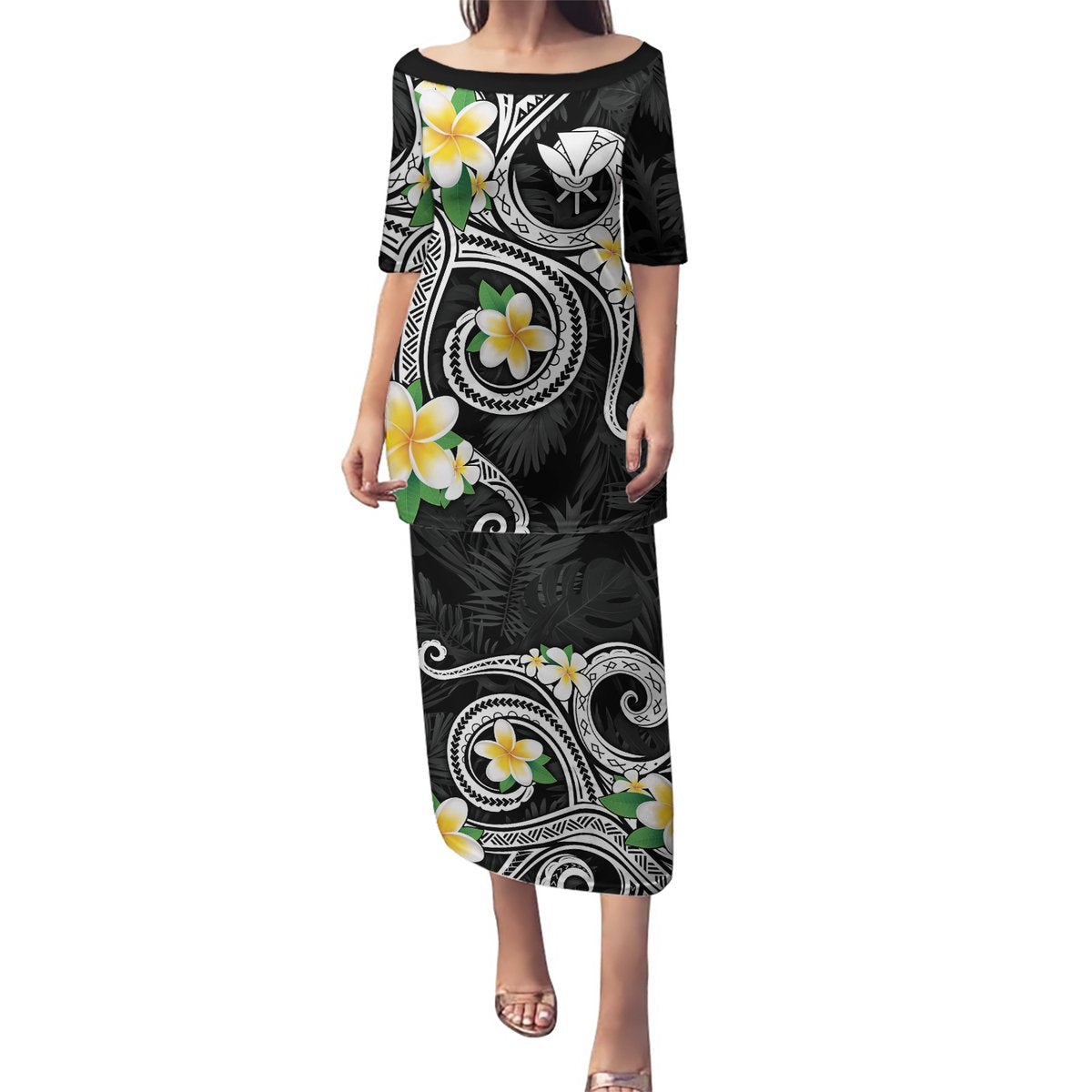 Kanaka Maoli Hawaii Plumeria Puletasi Dancing Tentacles Black Style LT7 Long Dress Black - Polynesian Pride