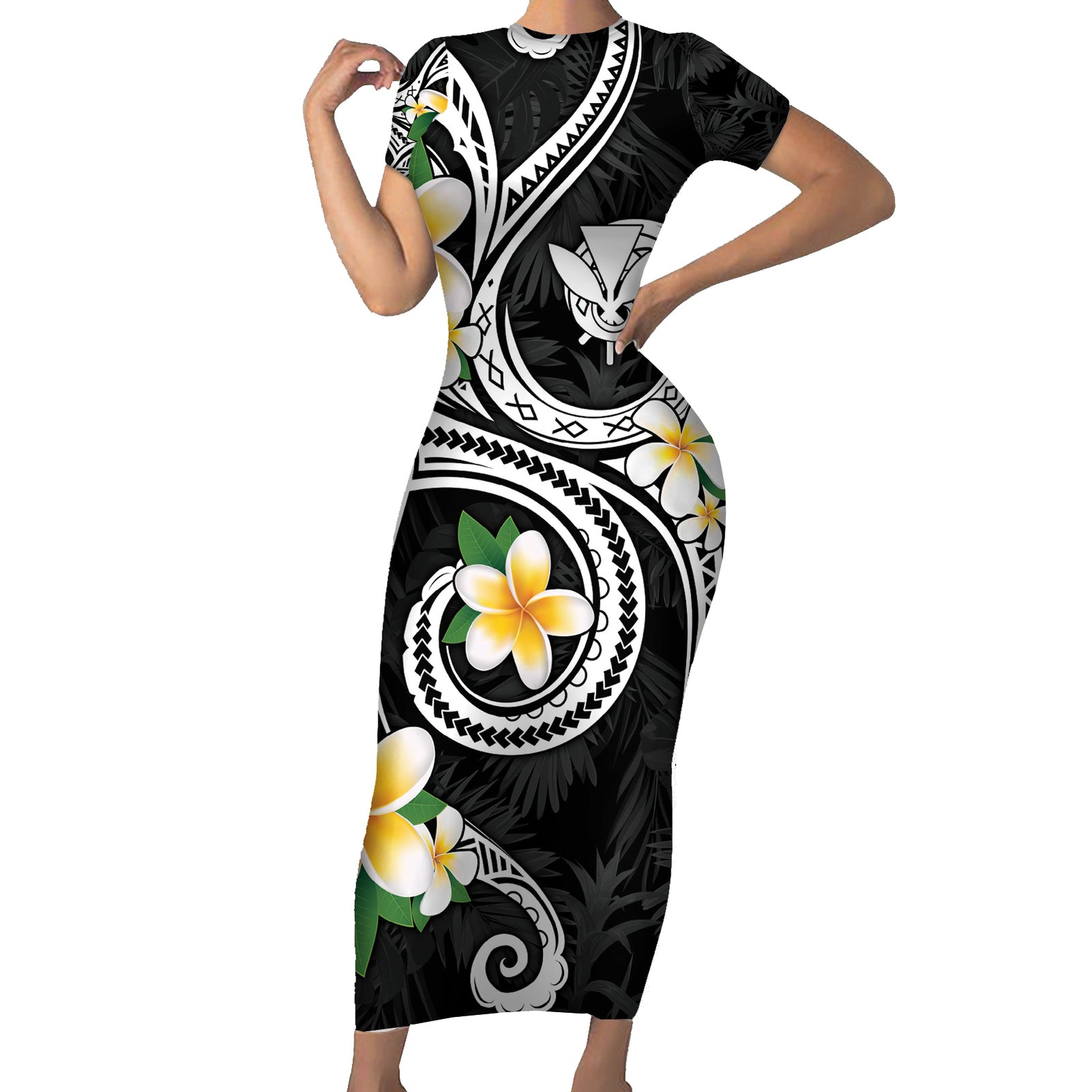 Kanaka Maoli Hawaii Plumeria Short Sleeve Bodycon Dress Dancing Tentacles Black Style LT7 Long Dress Black - Polynesian Pride
