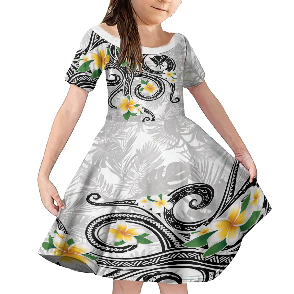 Kanaka Maoli Hawaii Plumeria Kid Short Sleeve Dress Dancing Tentacles White Style LT7 KID White - Polynesian Pride