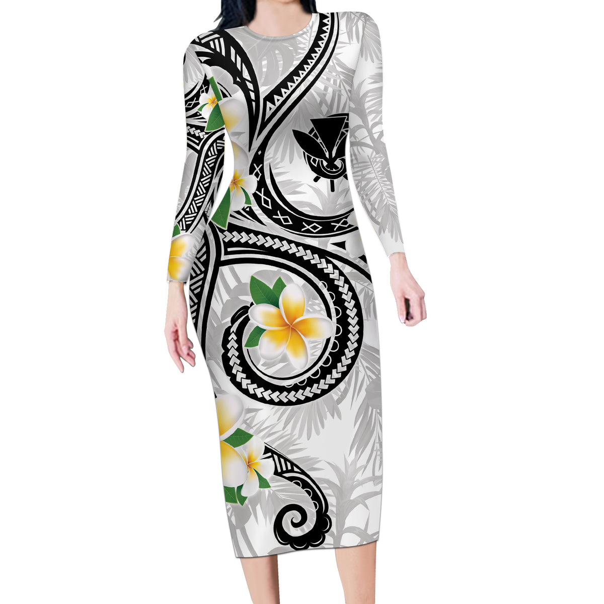 Kanaka Maoli Hawaii Plumeria Long Sleeve Bodycon Dress Dancing Tentacles White Style LT7 Long Dress White - Polynesian Pride