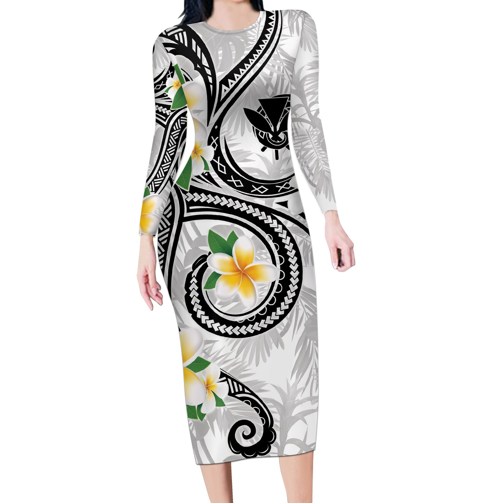 Kanaka Maoli Hawaii Plumeria Long Sleeve Bodycon Dress Dancing Tentacles White Style LT7 Long Dress White - Polynesian Pride
