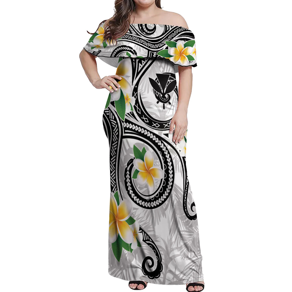 Kanaka Maoli Hawaii Plumeria Off Shoulder Maxi Dress Dancing Tentacles White Style LT7 Women White - Polynesian Pride