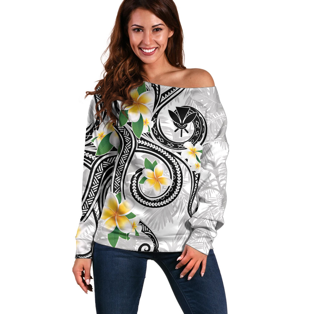Kanaka Maoli Hawaii Plumeria Off Shoulder Sweater Dancing Tentacles White Style LT7 Women White - Polynesian Pride
