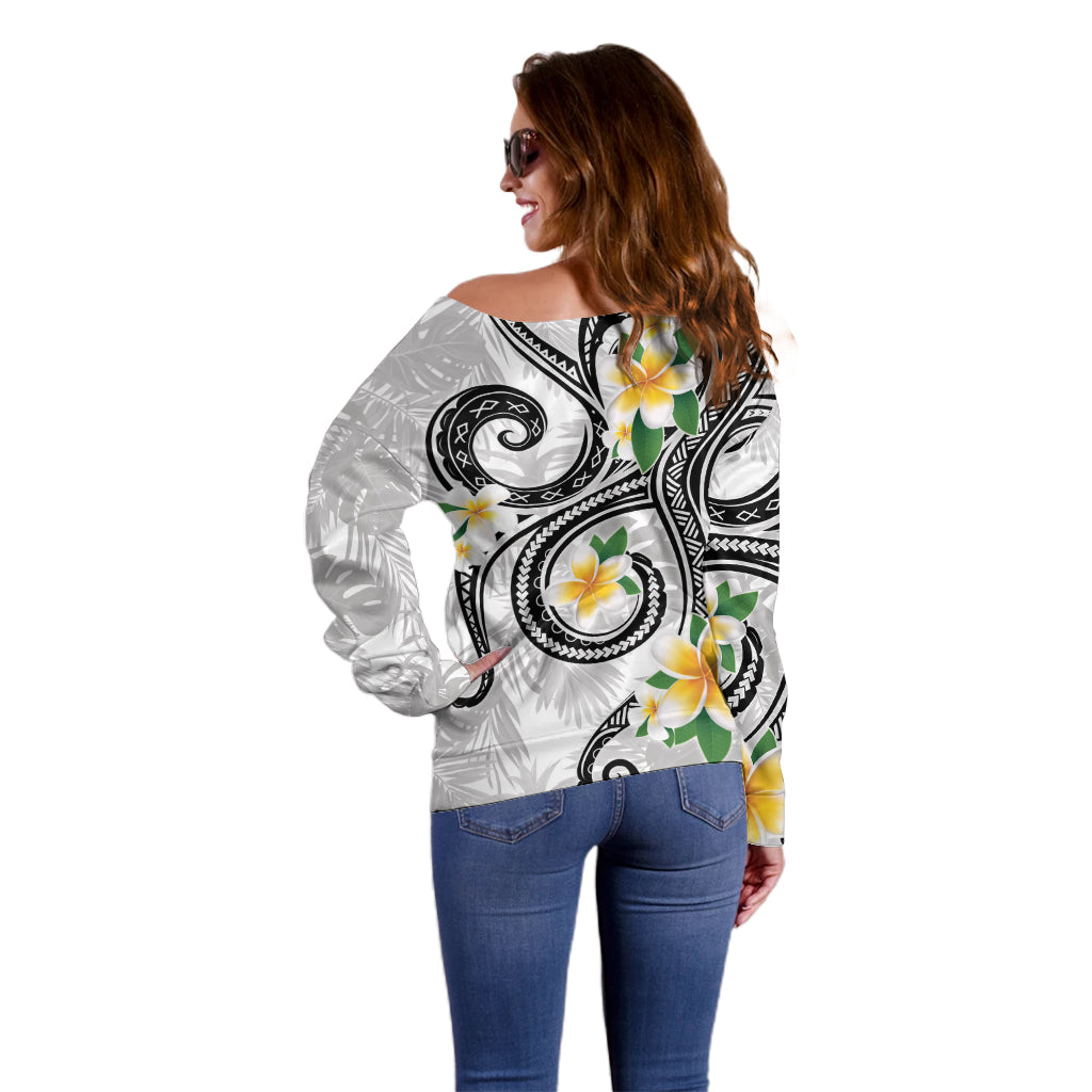 Kanaka Maoli Hawaii Plumeria Off Shoulder Sweater Dancing Tentacles White Style LT7 - Polynesian Pride
