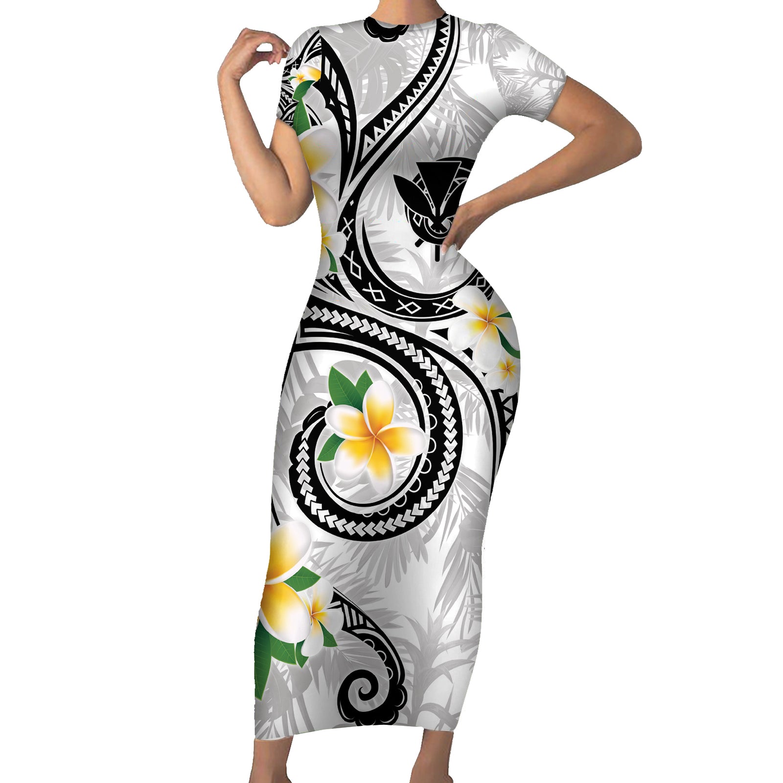 Kanaka Maoli Hawaii Plumeria Short Sleeve Bodycon Dress Dancing Tentacles White Style LT7 Long Dress White - Polynesian Pride