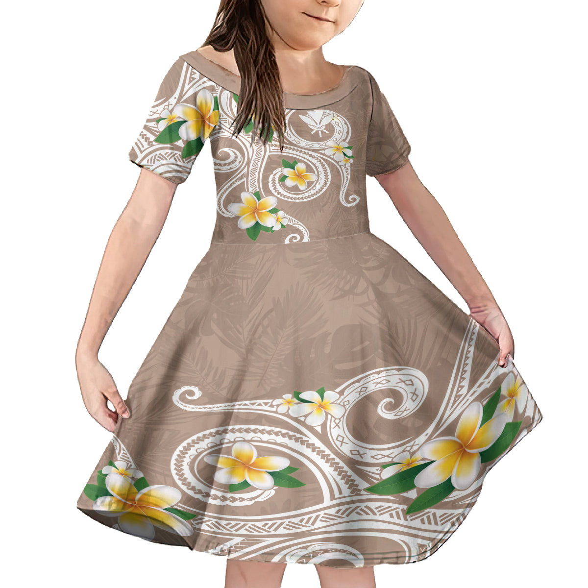 Kanaka Maoli Hawaii Plumeria Kid Short Sleeve Dress Dancing Tentacles Beige Style LT7 KID Beige - Polynesian Pride