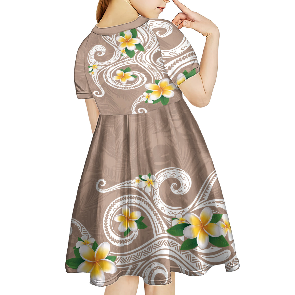 Kanaka Maoli Hawaii Plumeria Kid Short Sleeve Dress Dancing Tentacles Beige Style LT7 - Polynesian Pride