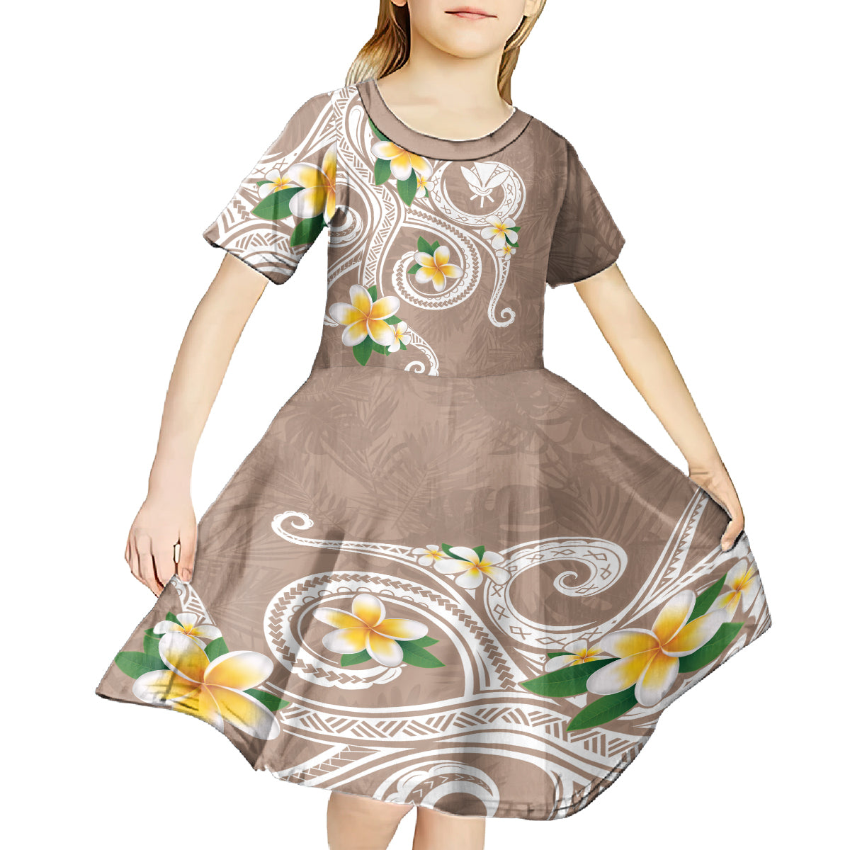 Kanaka Maoli Hawaii Plumeria Kid Short Sleeve Dress Dancing Tentacles Beige Style LT7 - Polynesian Pride
