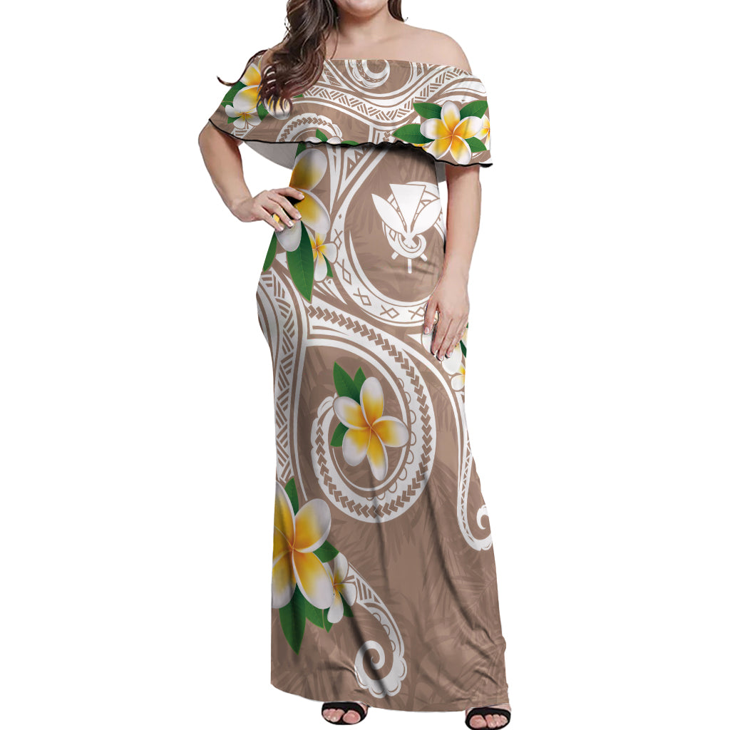 Kanaka Maoli Hawaii Plumeria Off Shoulder Maxi Dress Dancing Tentacles Beige Style LT7 Women Beige - Polynesian Pride