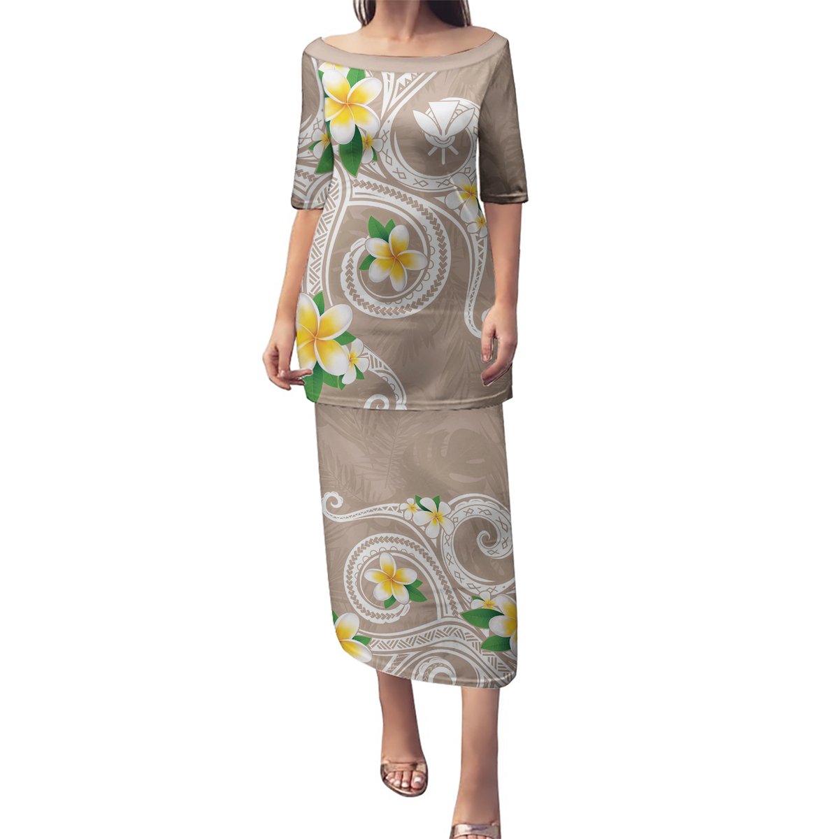 Kanaka Maoli Hawaii Plumeria Puletasi Dancing Tentacles Beige Style LT7 Long Dress Beige - Polynesian Pride