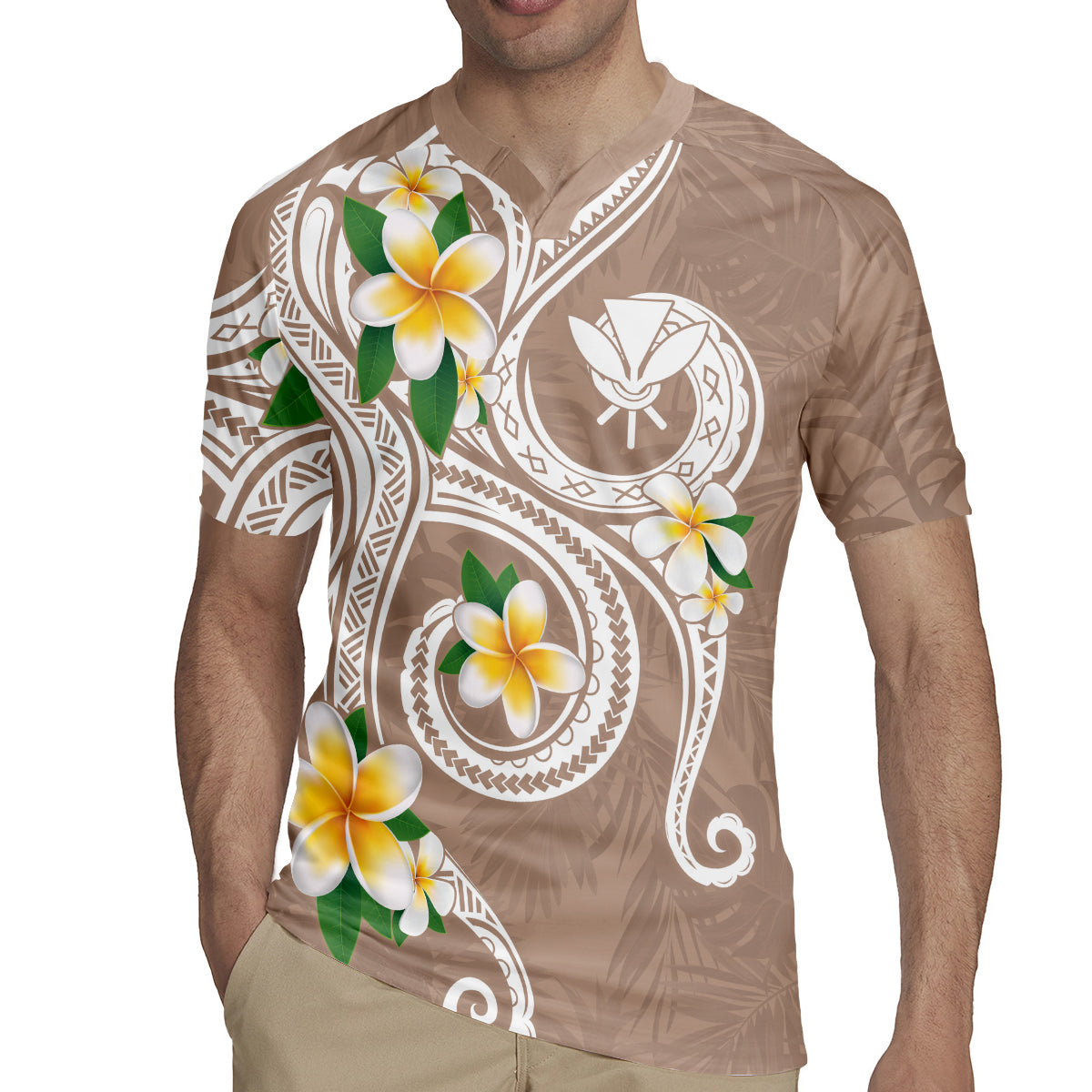 Kanaka Maoli Hawaii Plumeria Rugby Jersey Dancing Tentacles Beige Style LT7 - Polynesian Pride