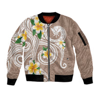 Kanaka Maoli Hawaii Plumeria Sleeve Zip Bomber Jacket Dancing Tentacles Beige Style LT7 Unisex Beige - Polynesian Pride