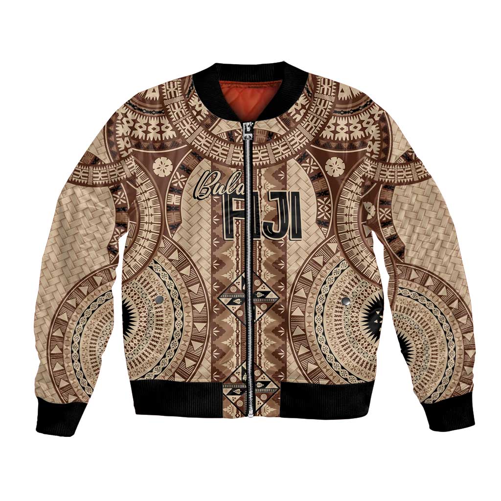 Bula Fiji Vintage Bomber Jacket Brown Masi Motifs LT7 Unisex Brown - Polynesian Pride