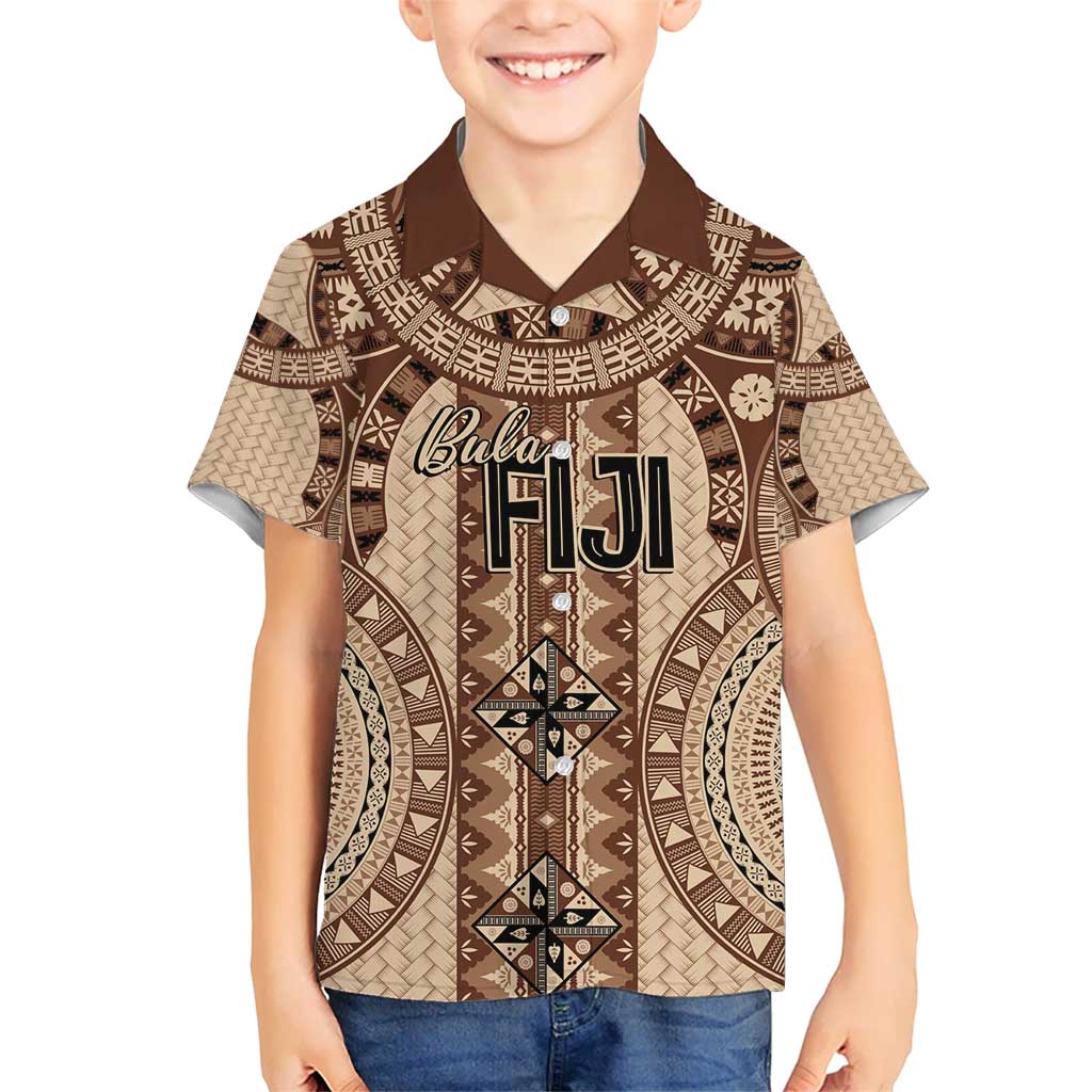 Bula Fiji Vintage Kid Hawaiian Shirt Brown Masi Motifs LT7 Kid Brown - Polynesian Pride