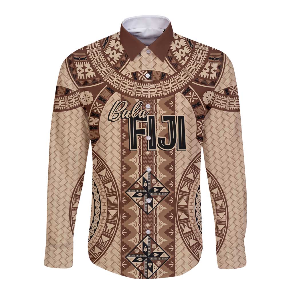 Bula Fiji Vintage Long Sleeve Button Shirt Brown Masi Motifs LT7 Unisex Brown - Polynesian Pride