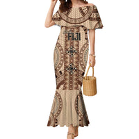 Bula Fiji Vintage Mermaid Dress Brown Masi Motifs LT7 Women Brown - Polynesian Pride