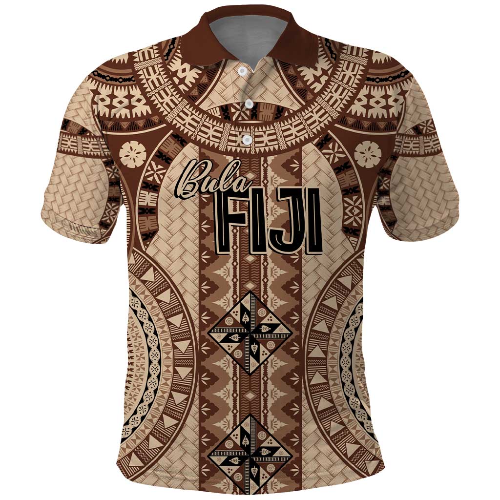 Bula Fiji Vintage Polo Shirt Brown Masi Motifs LT7 Brown - Polynesian Pride