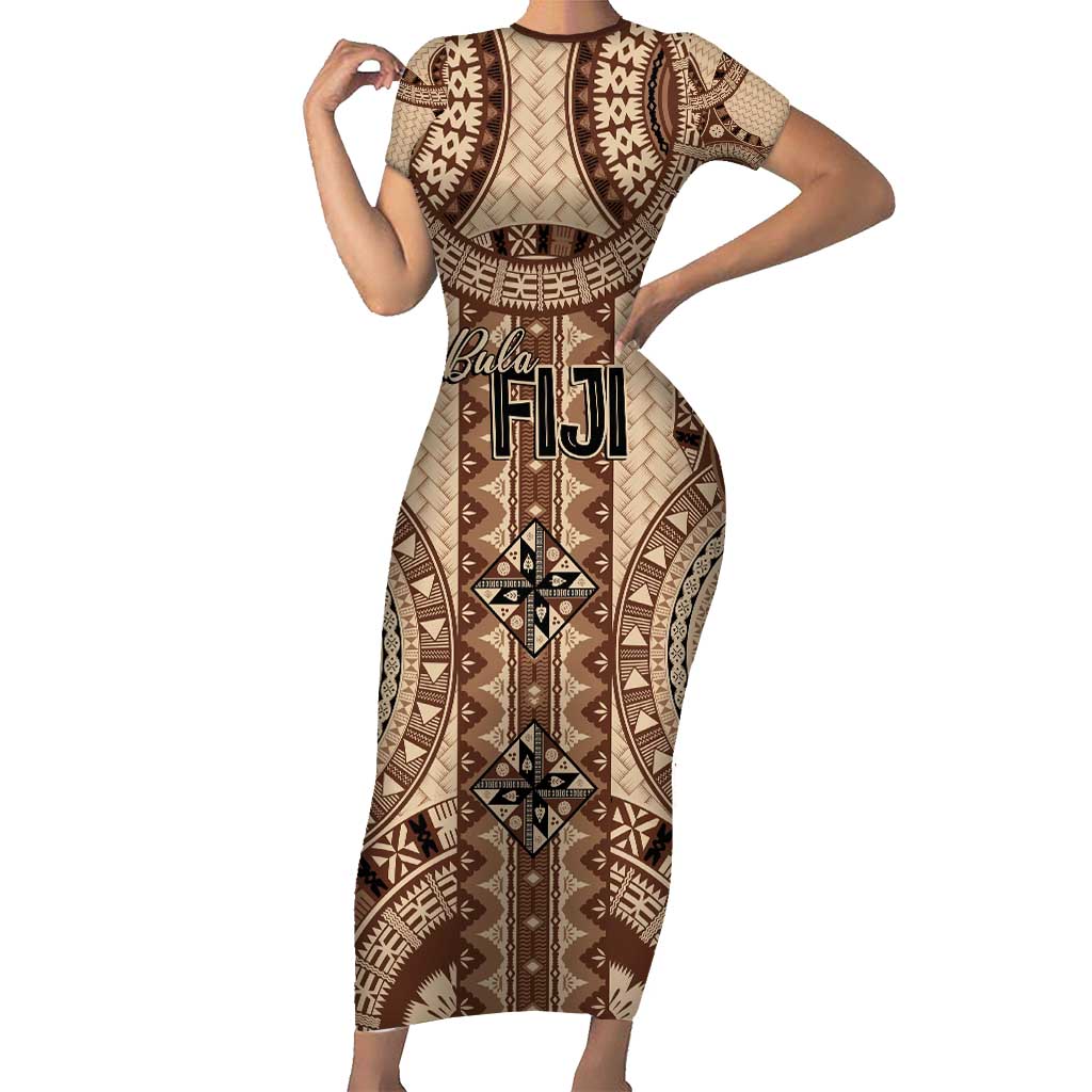 Bula Fiji Vintage Short Sleeve Bodycon Dress Brown Masi Motifs LT7 Long Dress Brown - Polynesian Pride