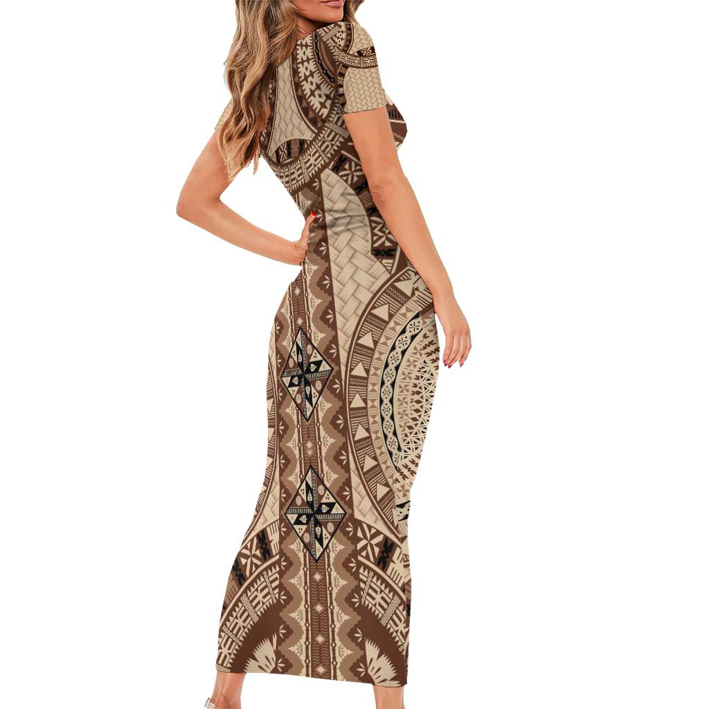Bula Fiji Vintage Short Sleeve Bodycon Dress Brown Masi Motifs LT7 - Polynesian Pride