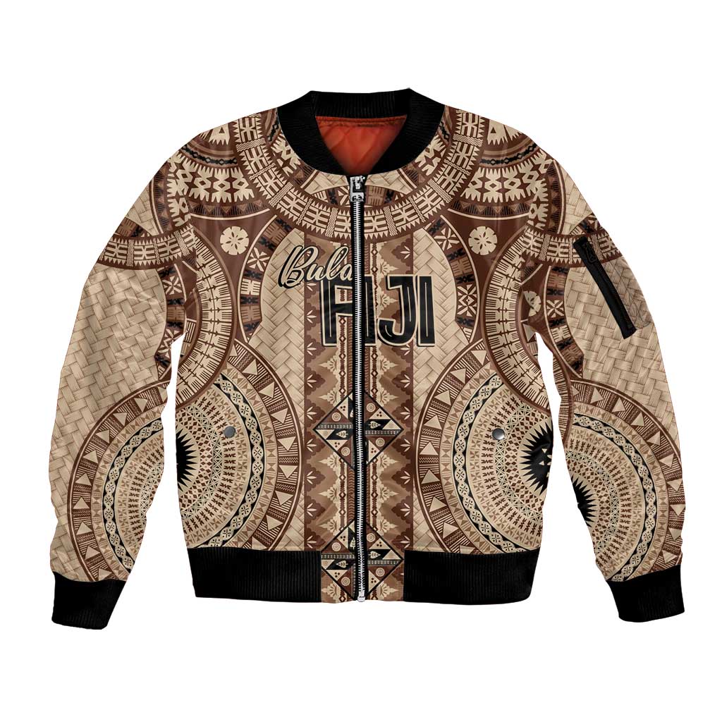 Bula Fiji Vintage Sleeve Zip Bomber Jacket Brown Masi Motifs LT7 Unisex Brown - Polynesian Pride