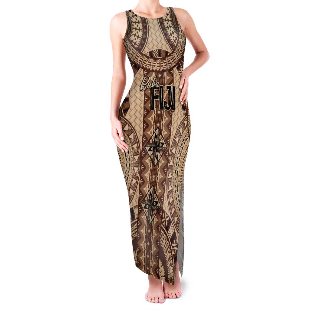 Bula Fiji Vintage Tank Maxi Dress Brown Masi Motifs LT7 Women Brown - Polynesian Pride