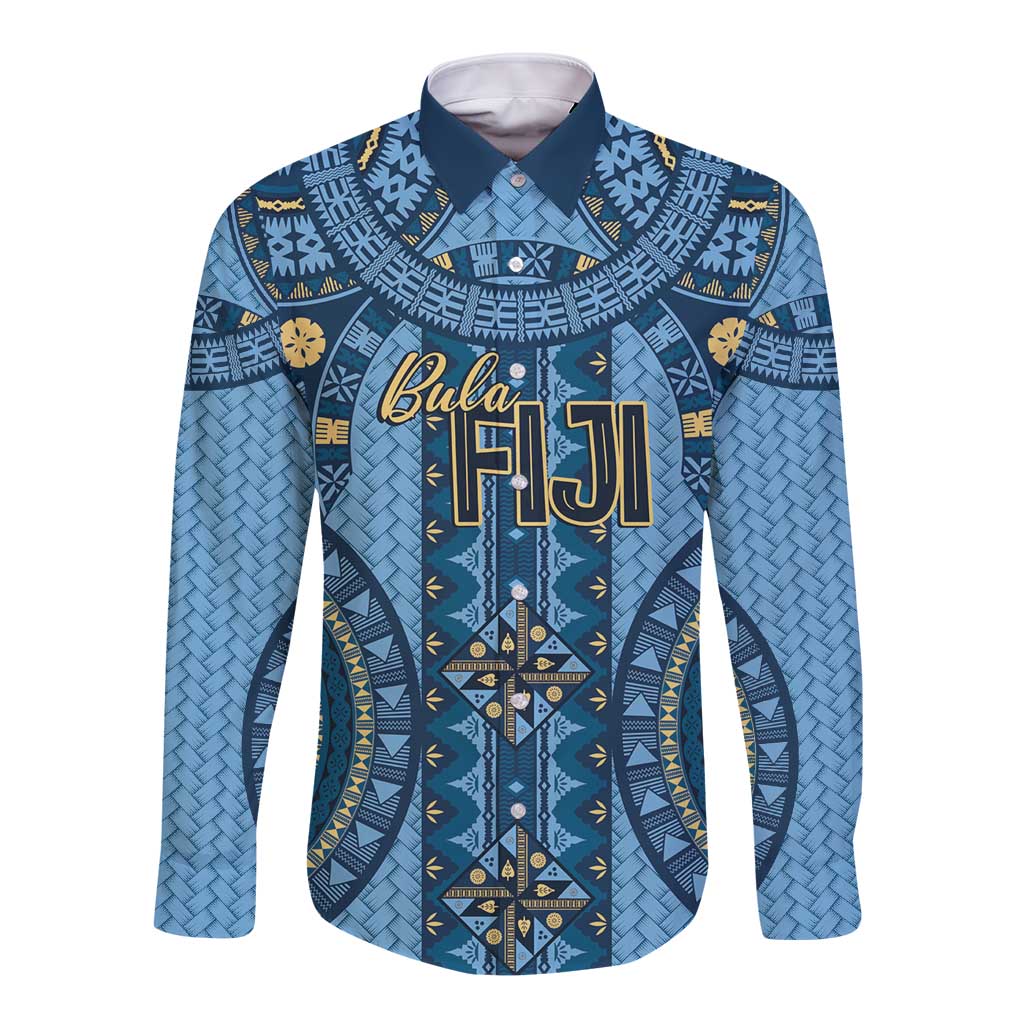 Bula Fiji Vintage Long Sleeve Button Shirt Prussian Blue Masi Motifs LT7 Unisex Prussian Blue - Polynesian Pride