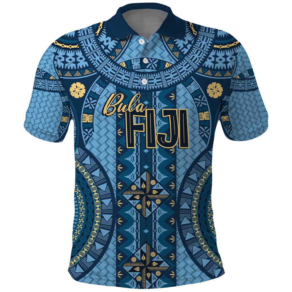 Bula Fiji Vintage Polo Shirt Prussian Blue Masi Motifs LT7 Prussian Blue - Polynesian Pride