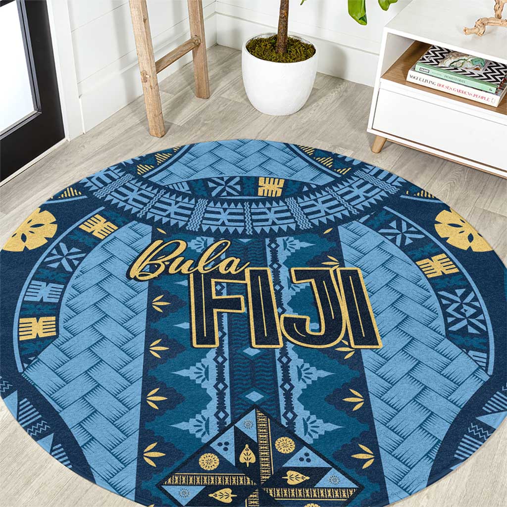 Bula Fiji Vintage Round Carpet Prussian Blue Masi Motifs LT7 Prussian Blue - Polynesian Pride