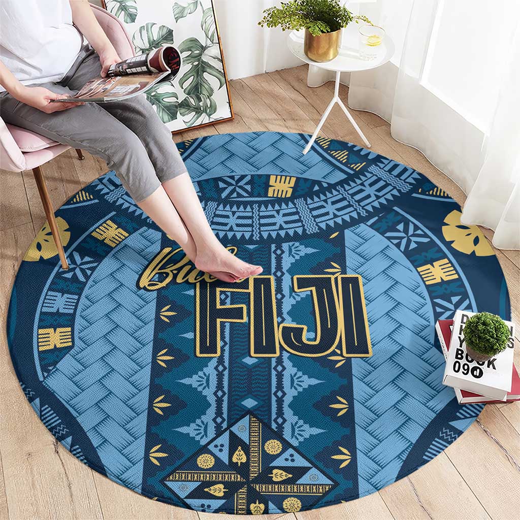 Bula Fiji Vintage Round Carpet Prussian Blue Masi Motifs LT7 - Polynesian Pride