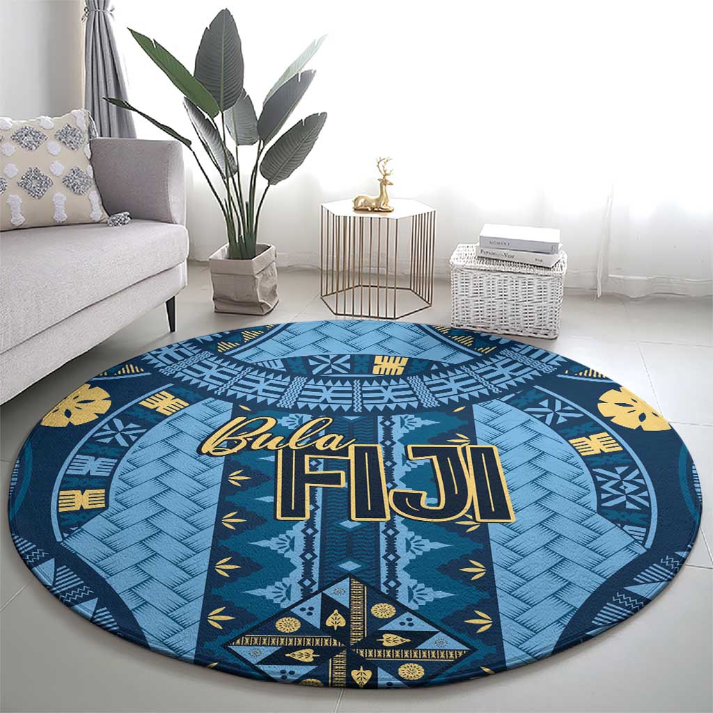 Bula Fiji Vintage Round Carpet Prussian Blue Masi Motifs LT7 - Polynesian Pride